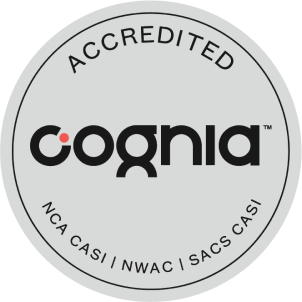 Sello de acreditación Cognia con texto "ACCREDITED" y "NCA CASI | NWAC | SACS CASI